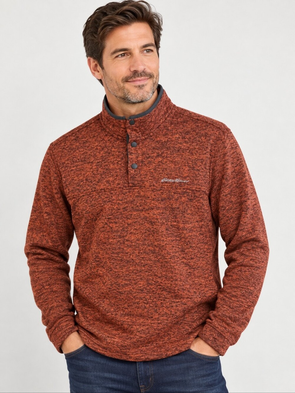 Eddie Bauer Men’s Rust Heather Snap-Neck Pullover Sweater